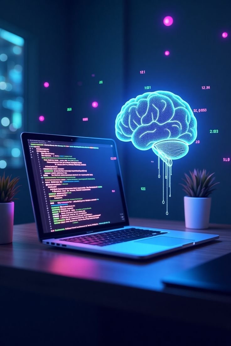 AI brain and code on laptop